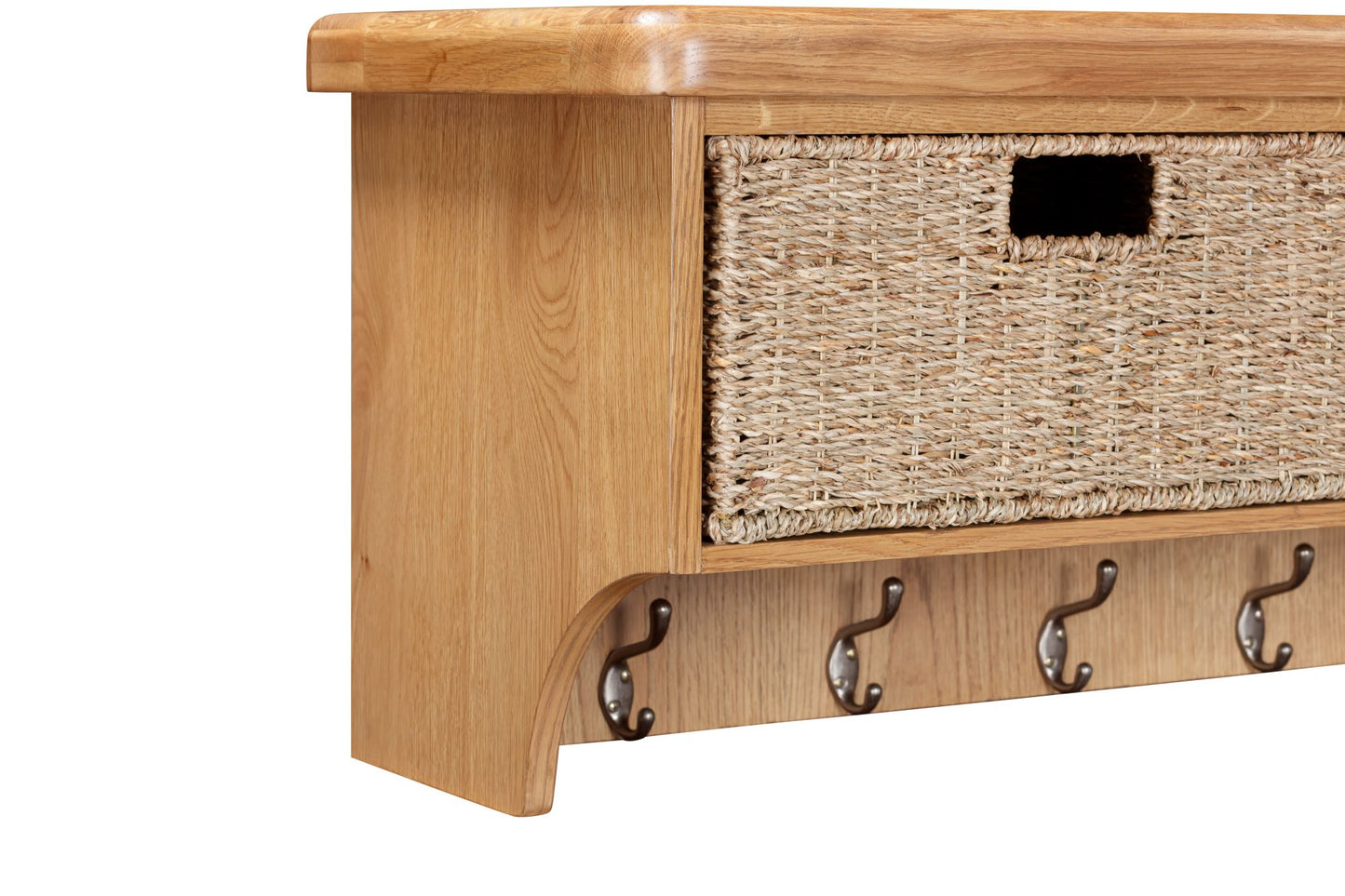 160-35 Kingsbury Oak Wall Shelf with Hooks & Baskets