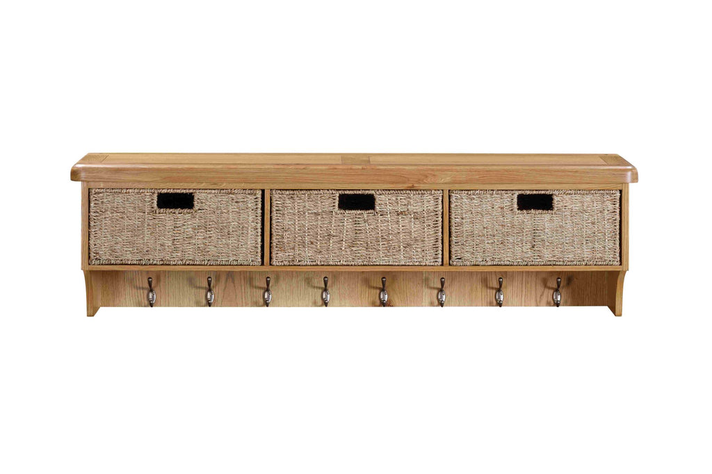 160-35 Kingsbury Oak Wall Shelf with Hooks & Baskets