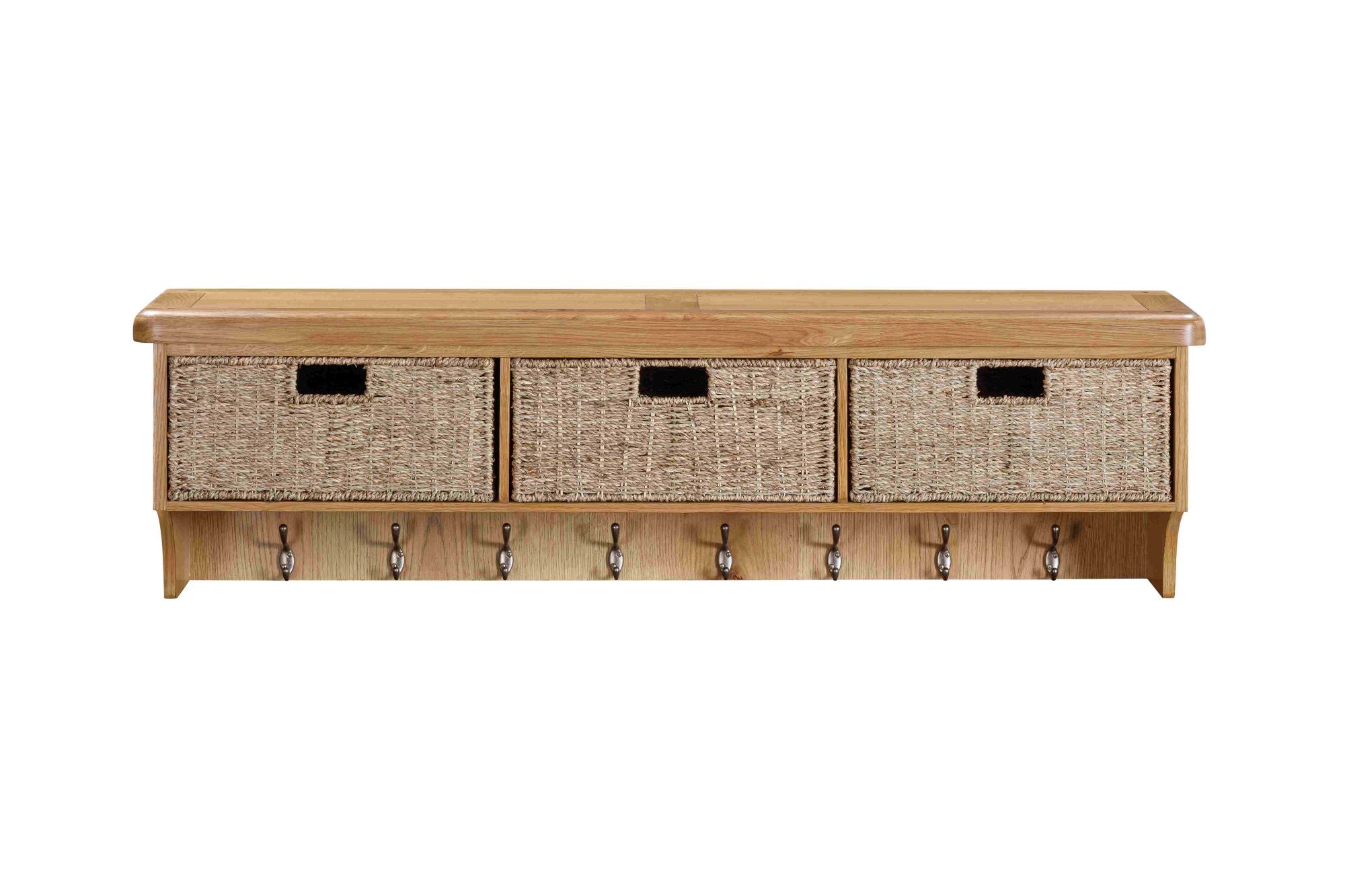 160-35 Kingsbury Oak Wall Shelf with Hooks & Baskets