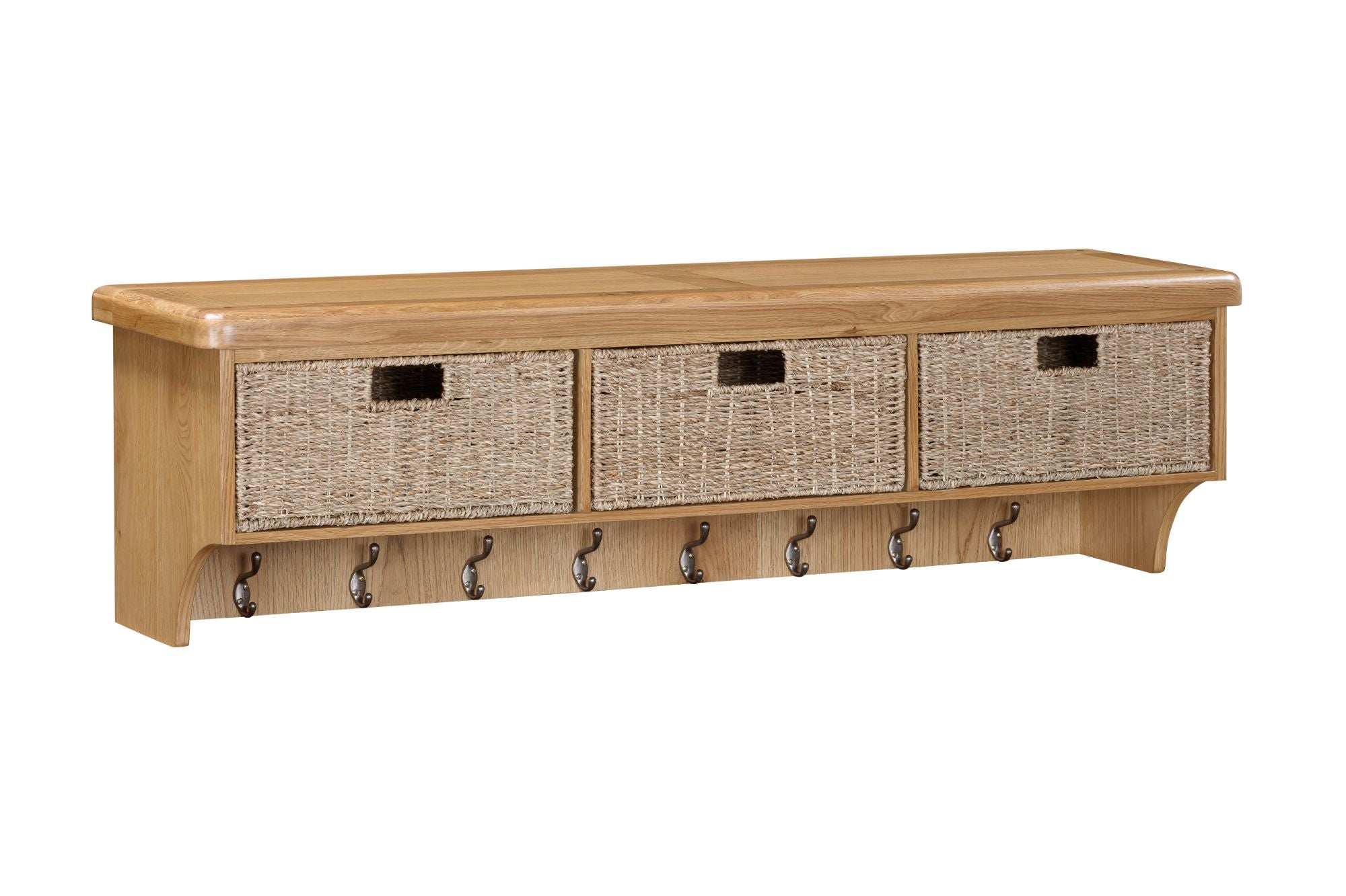 160-35 Kingsbury Oak Wall Shelf with Hooks & Baskets