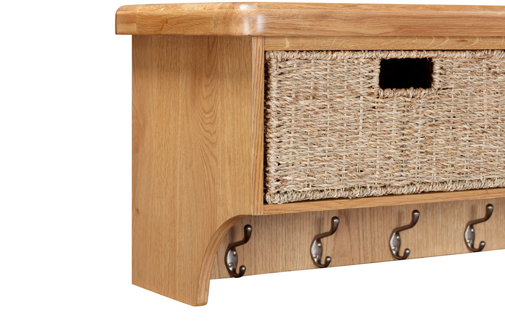 160-35 Kingsbury Oak Wall Shelf with Hooks & Baskets