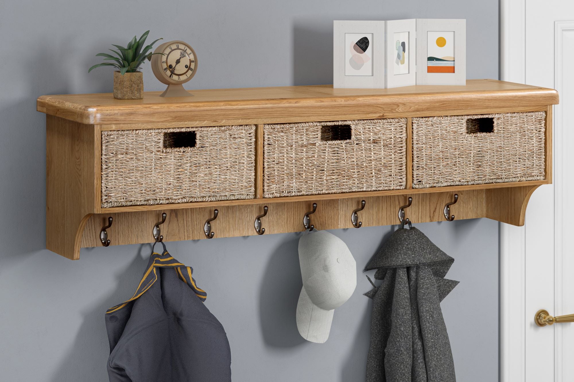 160-35 Kingsbury Oak Wall Shelf with Hooks & Baskets